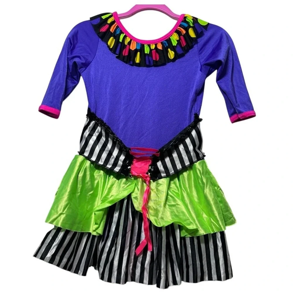 Whimsical Ruffled‎ Dance Costume: Purple, Lime Green - Fits Child L/XL (Adult M)